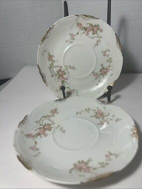 Vintage Floral Saucer Set in White with Pink Roses Warwick set of 2